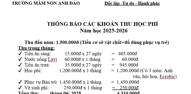 CÁC KHOẢN THU HỌC PHÍ NĂM HỌC 2025-2026