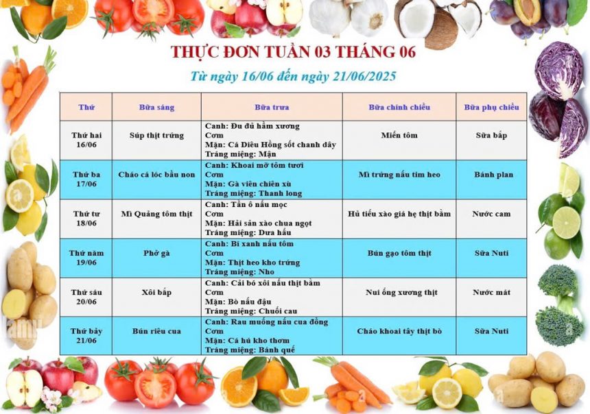 THỰC ĐƠN TUẦN 3 THÁNG 6 NĂM 2025
