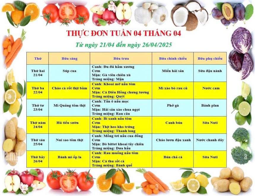 THỰC ĐƠN TUẦN 4 THÁNG 4 NĂM 2025