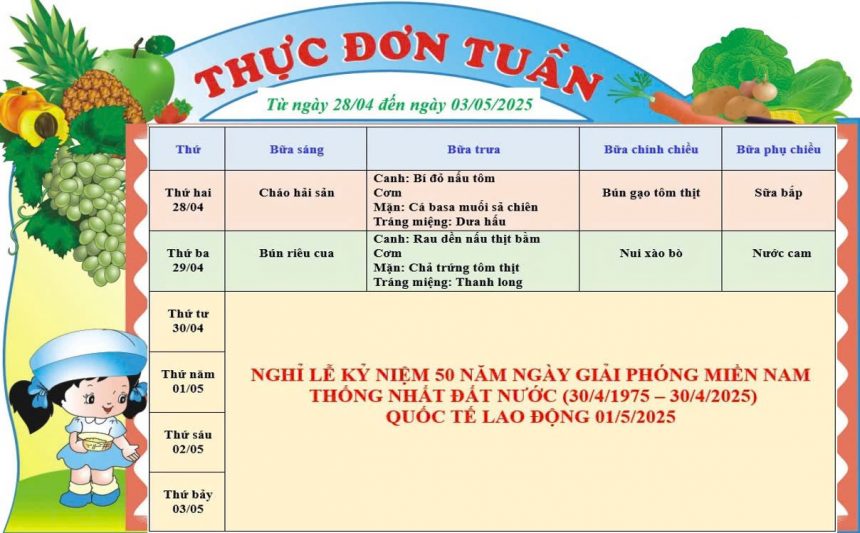 THỰC ĐƠN TUẦN 1 THÁNG 5 NĂM 2025