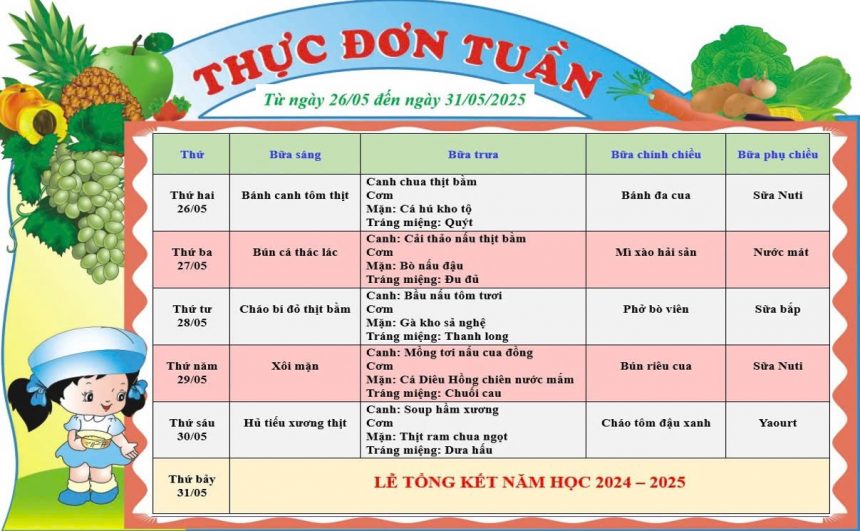 THỰC ĐƠN TUẦN 5 THÁNG 5 NĂM 2025