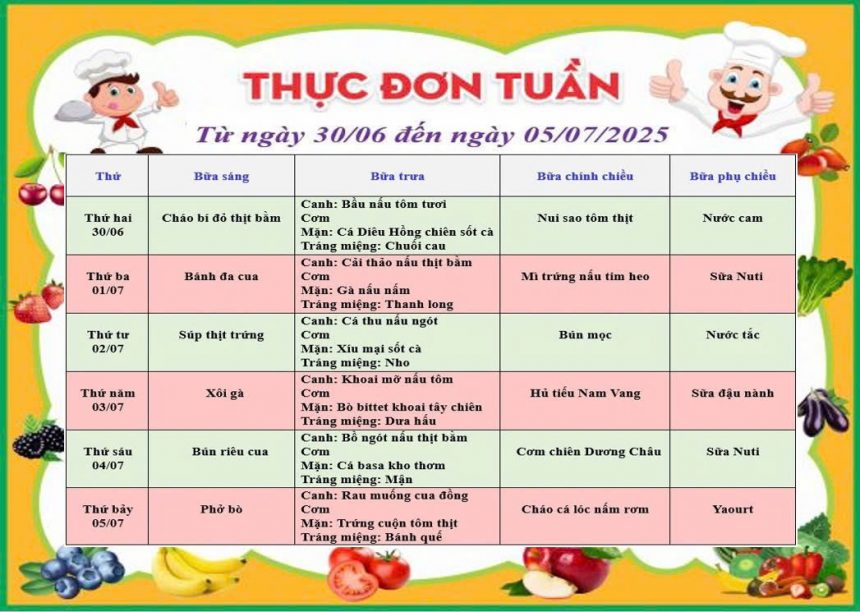 THỰC ĐƠN TUẦN 1 THÁNG 7 NĂM 2025